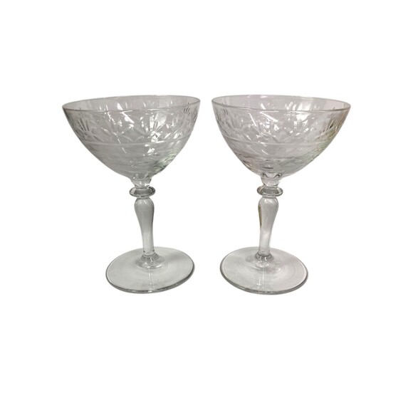 Set of 2 Floral Etched Art Deco Crystal Cut Glass Cocktail Cordial Glasses - Picture 2 of 10